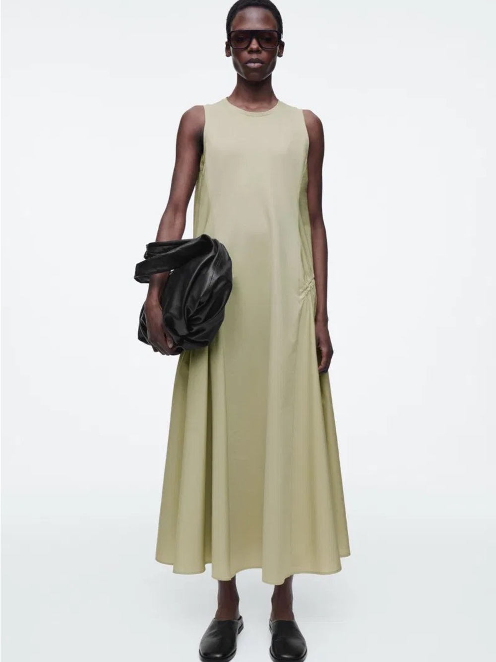 Cos side gather beige green cotton dress